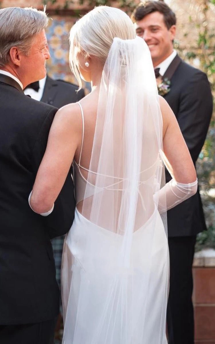 Modern Mermaid Spaghetti Charmeuse Wedding Dresses with Chapel Train And Tie d Back