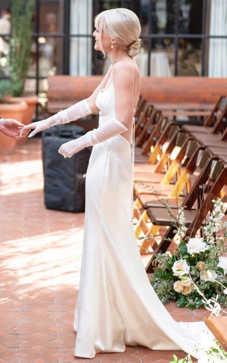 Modern Mermaid Spaghetti Charmeuse Wedding Dresses with Chapel Train And Tie d Back