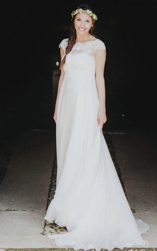 High-end A-line Jewel Chiffon Sweep Train Wedding Dresses with Appliques