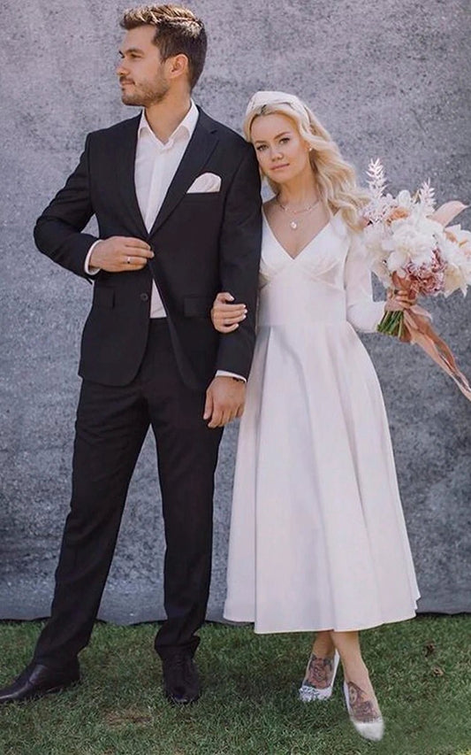 Elegant V-neck Satin A-line Long Sleeve Wedding Dresses with Pleats