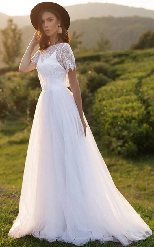 Bohemian A-line Lace Tulle Jewel Short Sleeve Wedding Dresses with Ruffles