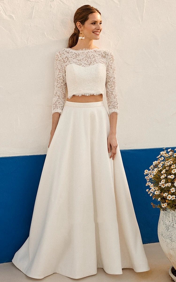Modern Two Piece Floor-length 3/4 Length Sleeve Lace Jewel Wedding Dresses with Ruching