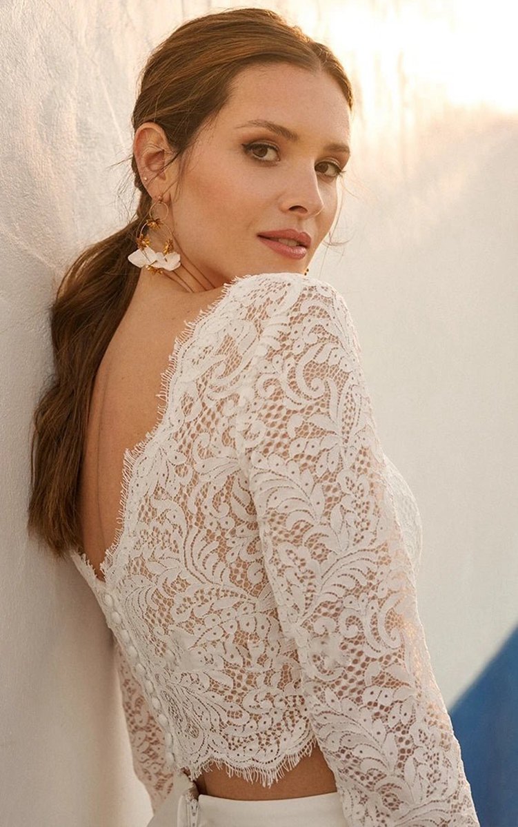 Modern Two Piece Floor-length 3/4 Length Sleeve Lace Jewel Wedding Dresses with Ruching