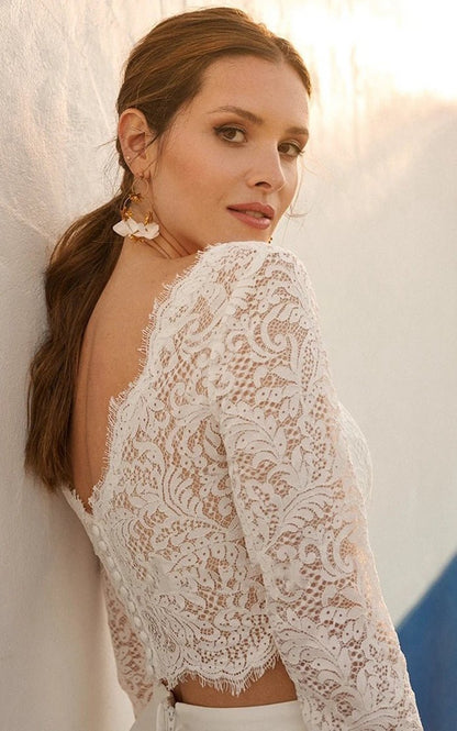 Modern Two Piece Floor-length 3/4 Length Sleeve Lace Jewel Wedding Dresses with Ruching