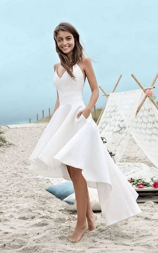 Simple High-low Spaghetti Straps Beach Wedding Dresses with Ruching