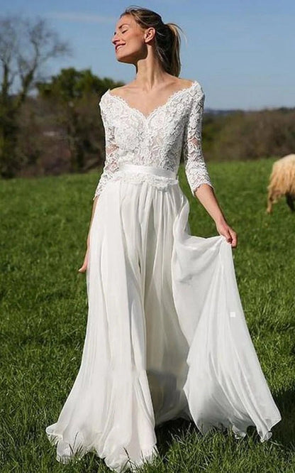 A-line V-neck Chiffon Lace Floor-length 3/4 Length Sleeve Wedding Dresses