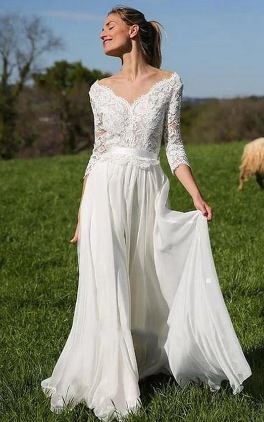 A-line V-neck Chiffon Lace Floor-length 3/4 Length Sleeve Wedding Dresses