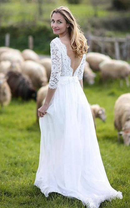 A-line V-neck Chiffon Lace Floor-length 3/4 Length Sleeve Wedding Dresses
