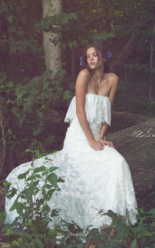 Off-Shoulder Long Mermaid Lace Boho Wedding Dresses with Ruffles