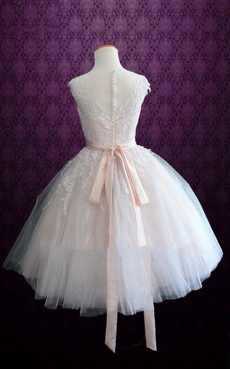 Short Tea-Length Tulle Lace Satin Weddig Dresses