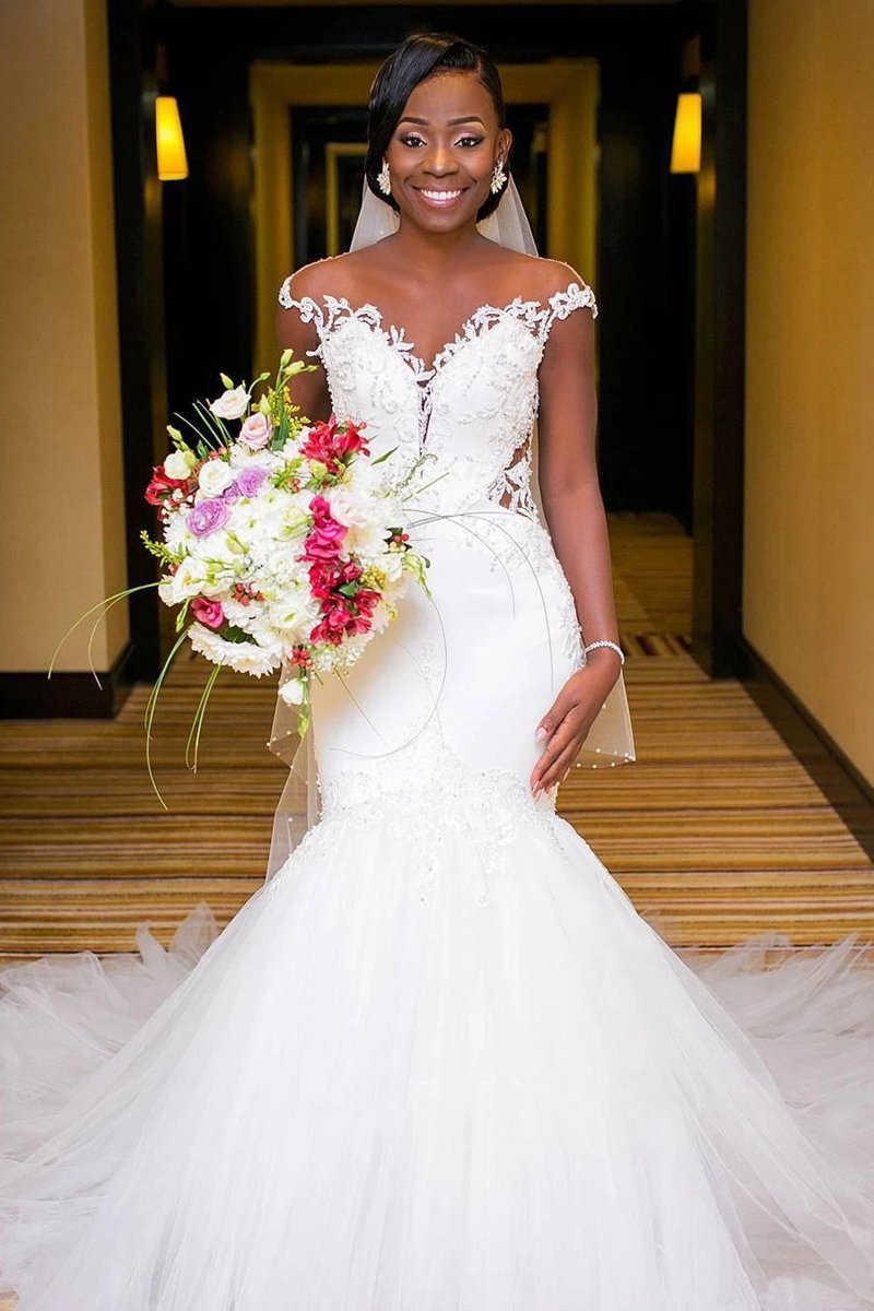 Mermaid Lace and Tulle Appliqued Cap Sleeve Bridal Gown