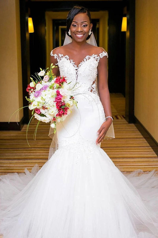 Mermaid Lace and Tulle Appliqued Cap Sleeve Bridal Gown