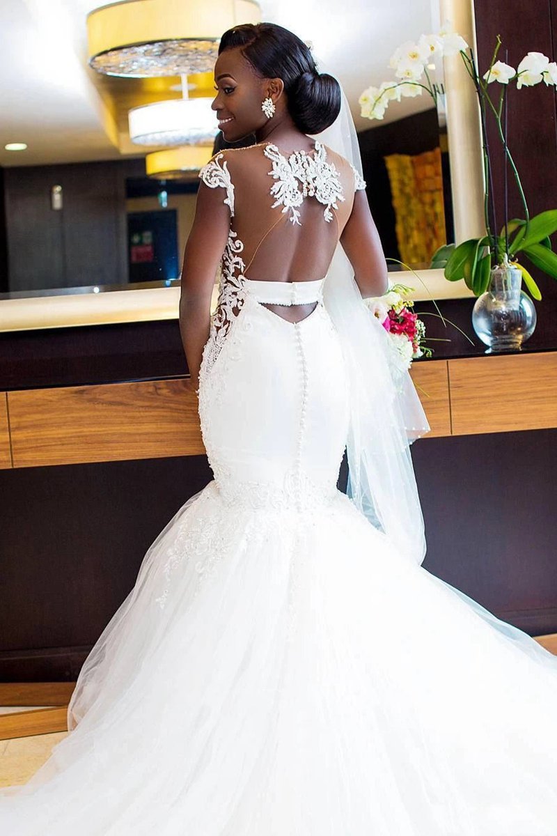 Mermaid Lace and Tulle Appliqued Cap Sleeve Bridal Gown