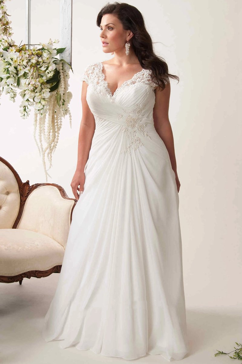 Sheath V-Neck Appliqued Cap-Sleeve Chiffon Wedding Dresses with Ruching And Keyhole