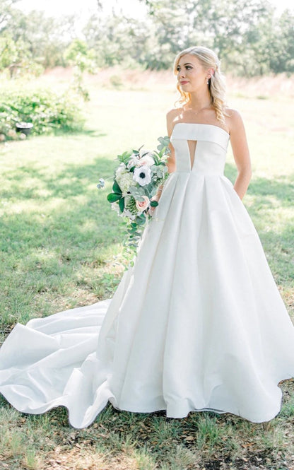 Satin A-line Strapless Beach Elegant Wedding Dresses with Button Back And Chapel Train