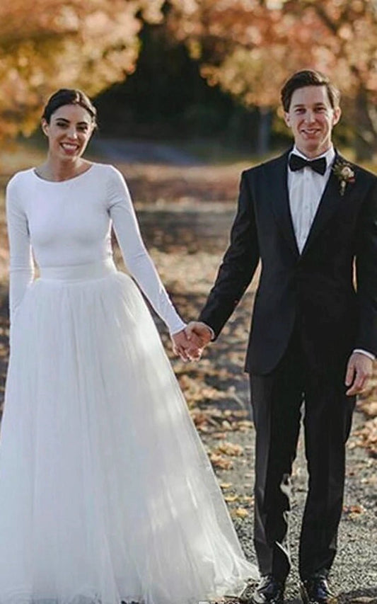 Elegant Long Sleeve Fitted Modest Jersey And Tulle Wedding Dresses