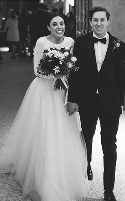 Elegant Long Sleeve Fitted Modest Jersey And Tulle Wedding Dresses