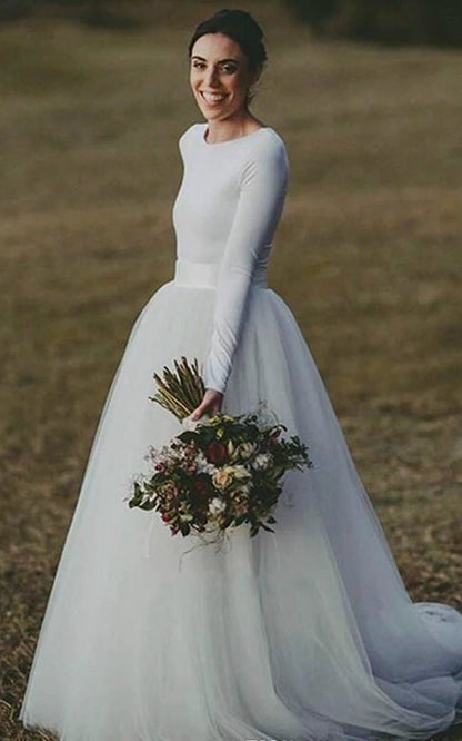 Elegant Long Sleeve Fitted Modest Jersey And Tulle Wedding Dresses