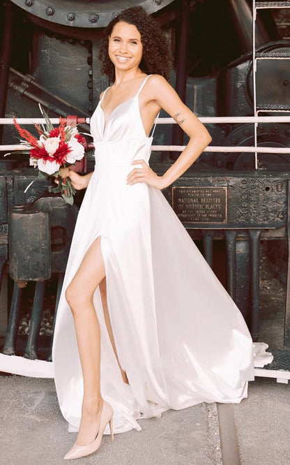 Satin A-line Plunging Neckline Elegant Wedding Dresses with Open Back And Split Front