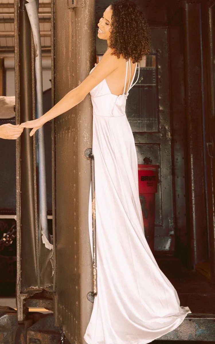 Satin A-line Plunging Neckline Elegant Wedding Dresses with Open Back And Split Front