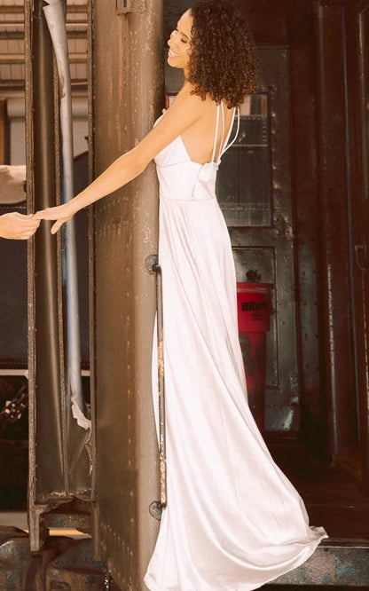 Satin A-line Plunging Neckline Elegant Wedding Dresses with Open Back And Split Front