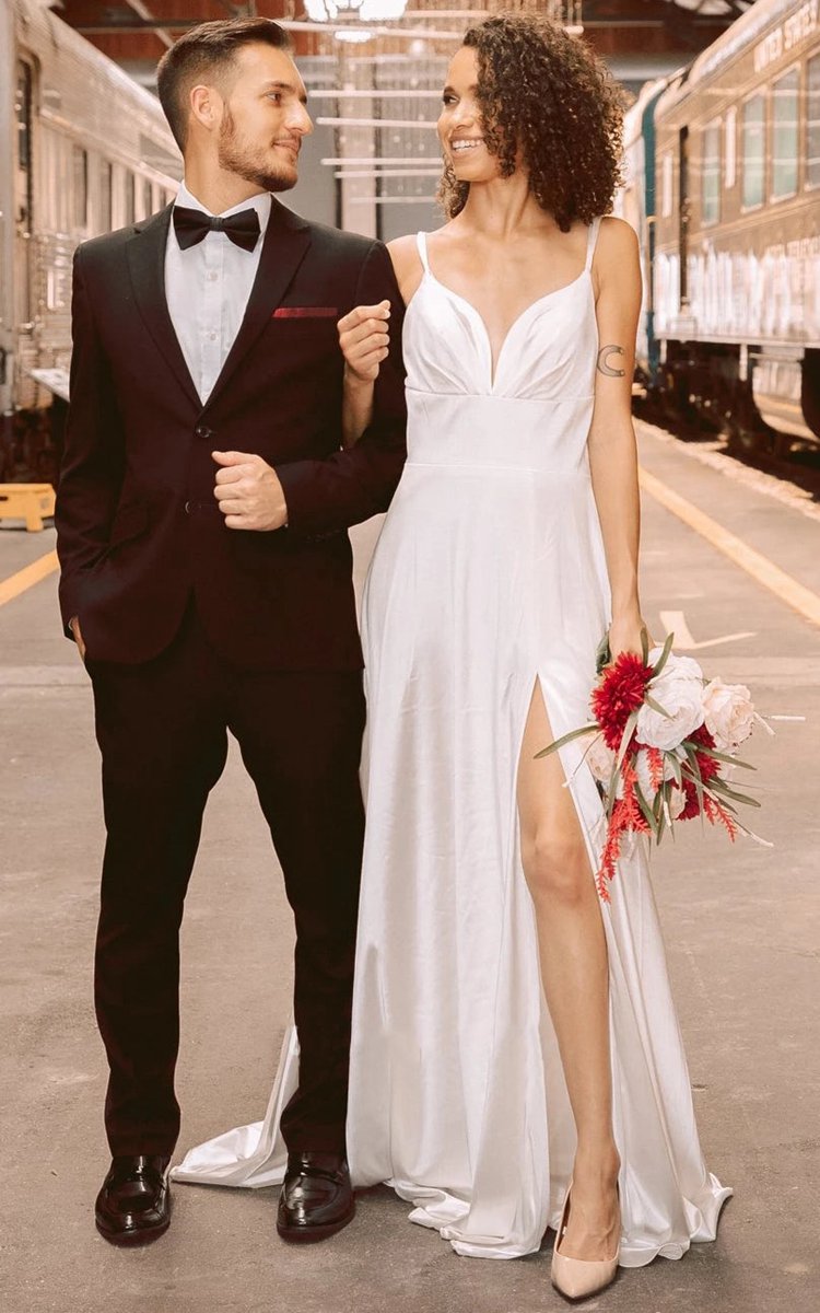 Satin A-line Plunging Neckline Elegant Wedding Dresses with Open Back And Split Front