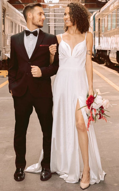 Satin A-line Plunging Neckline Elegant Wedding Dresses with Open Back And Split Front