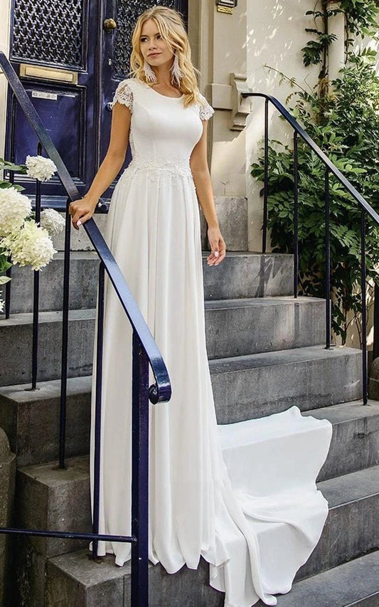 Elegant Satin and Lace Bateau A-line Court Train Wedding Dresses with Ruching