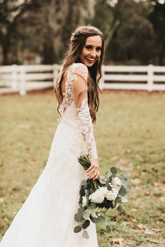 Brilliant Lace Bohemian Deep-V Back Cathedral Train Wedding Dresses