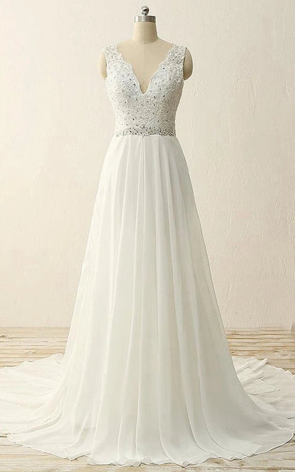 Maxi V-Neck Beading Chiffon Lace Satin Dresses