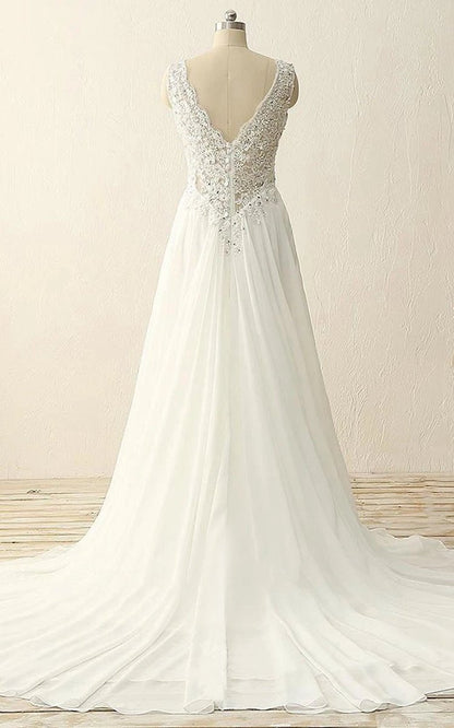 Maxi V-Neck Beading Chiffon Lace Satin Dresses