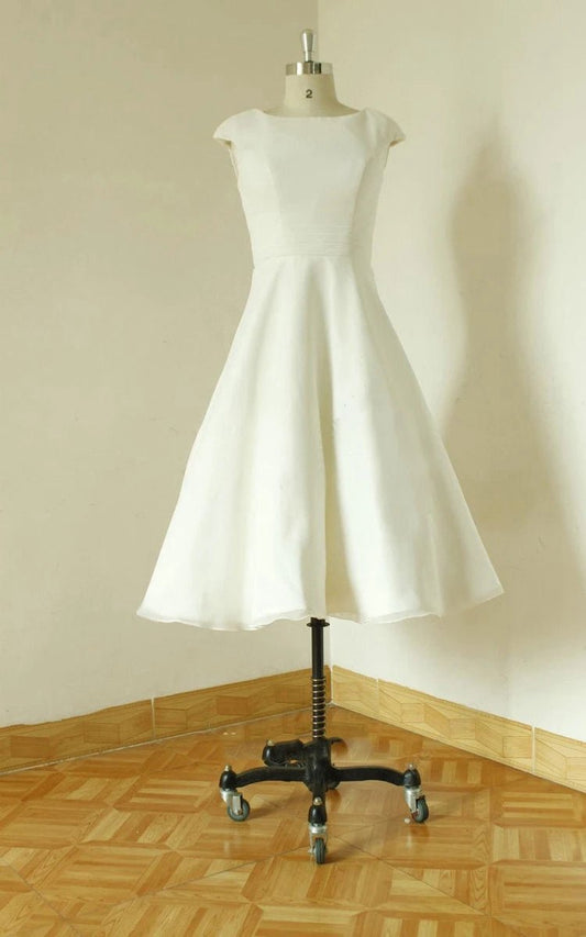 Jewel Cap Sleeve Zipper Back Tea-Length Satin Wedding Dresses