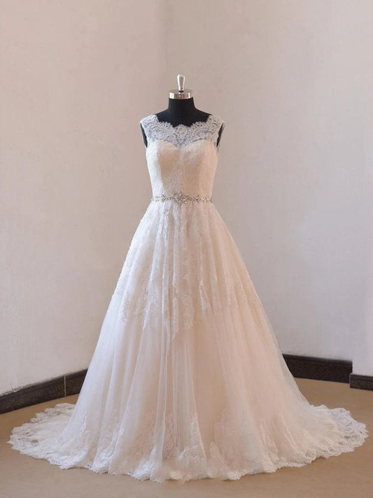 A-line Champange Lining Lace Wedding Dresses with Illusion Neckline