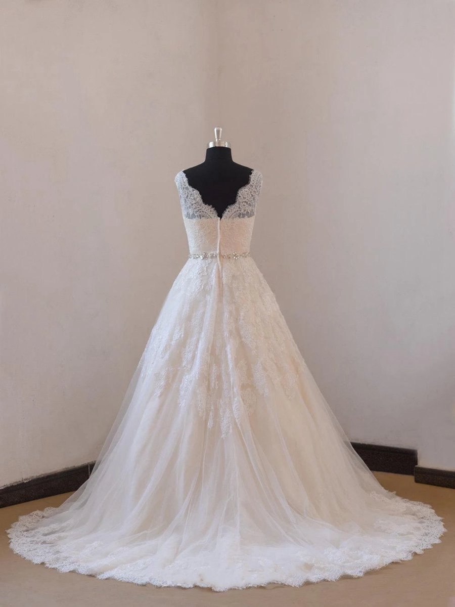 A-line Champange Lining Lace Wedding Dresses with Illusion Neckline