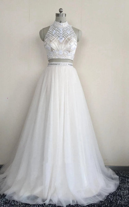 Two Piece High Neck Sleeveless Tulle Dresses with Beading