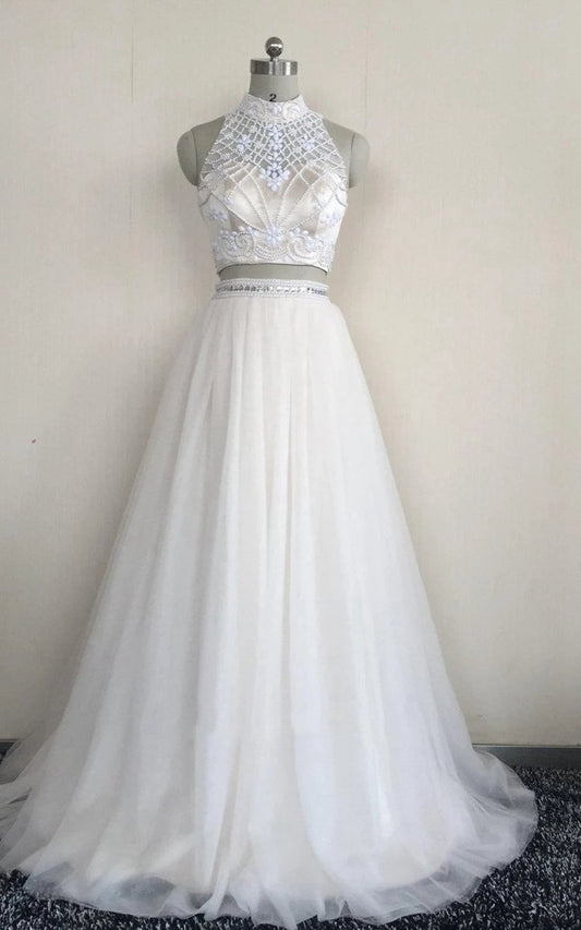 Two Piece High Neck Sleeveless Tulle Dresses with Beading