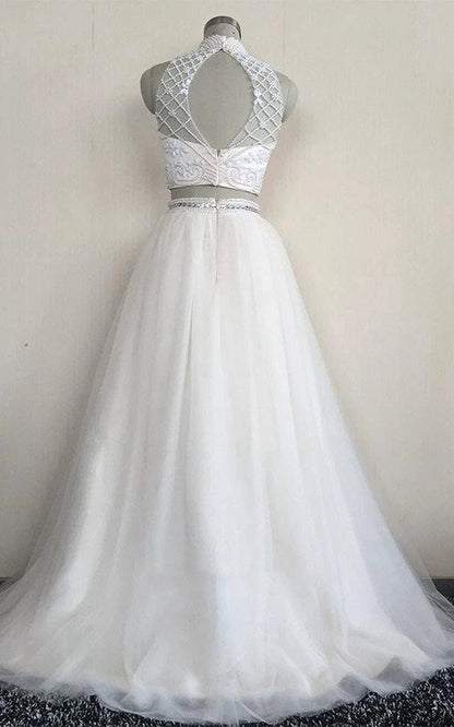 Two Piece High Neck Sleeveless Tulle Dresses with Beading