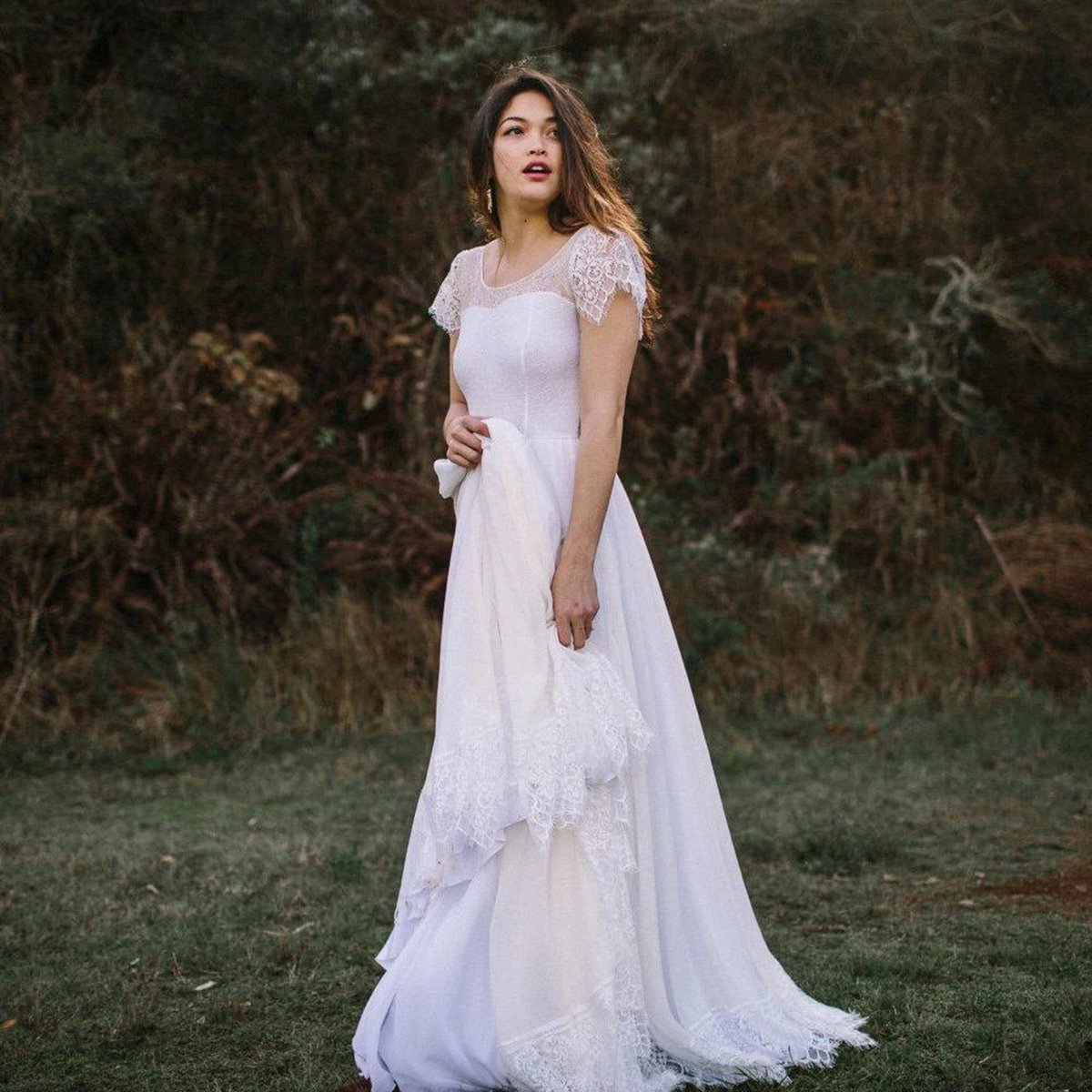 Scoop Neck Short Sleeve A-line Chiffon Wedding Dresses with Lace Hem