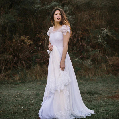 Scoop Neck Short Sleeve A-line Chiffon Wedding Dresses with Lace Hem