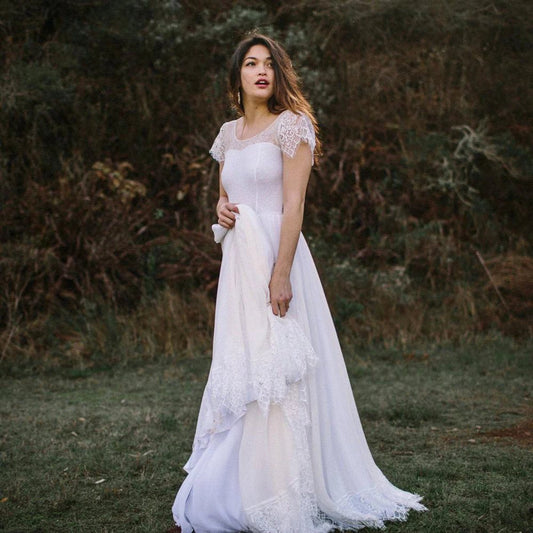 Scoop Neck Short Sleeve A-line Chiffon Wedding Dresses with Lace Hem
