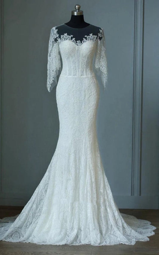 Mermaid Sweep-Train Half Sleeve Bell Zipper Keyhole Lace Dresses