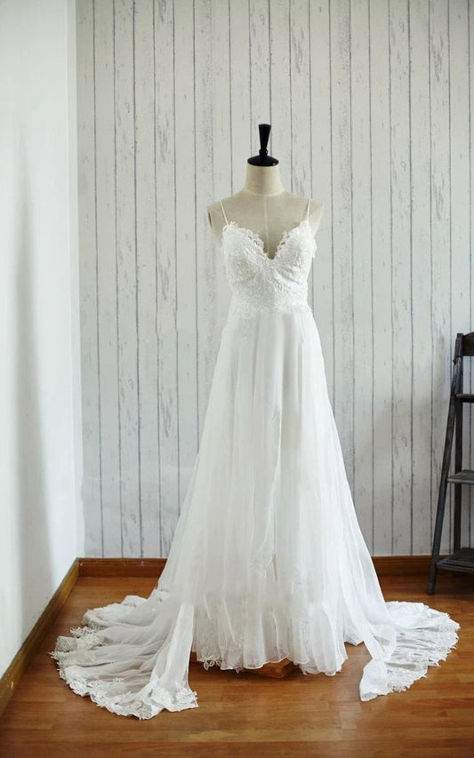 A-line Backless Chiffon Lace Satin Wedding Dresses