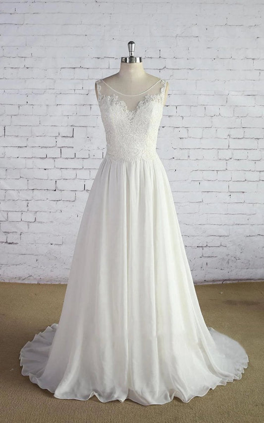 Scoop Neck Sleeveless Long A-line Chiffon Wedding Dresses with Lace Bodice