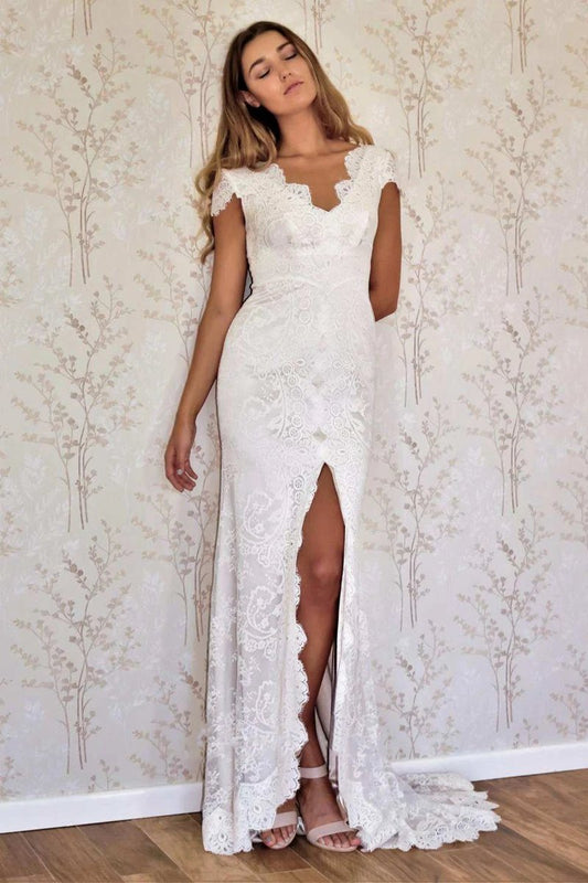 Cap Sleeve Satin Lace Split Mermaid Wedding Dresses