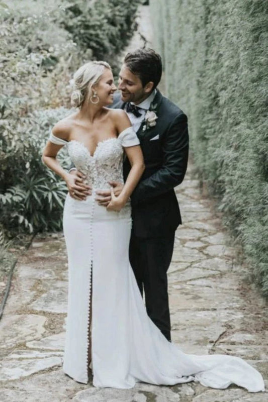 Split Front Off-the-shoulder Sweetheart Satin Wedding Dresses with Lace