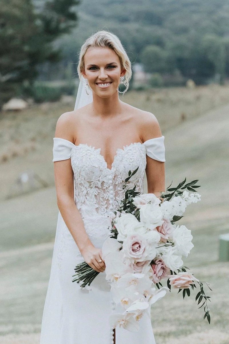 Split Front Off-the-shoulder Sweetheart Satin Wedding Dresses with Lace