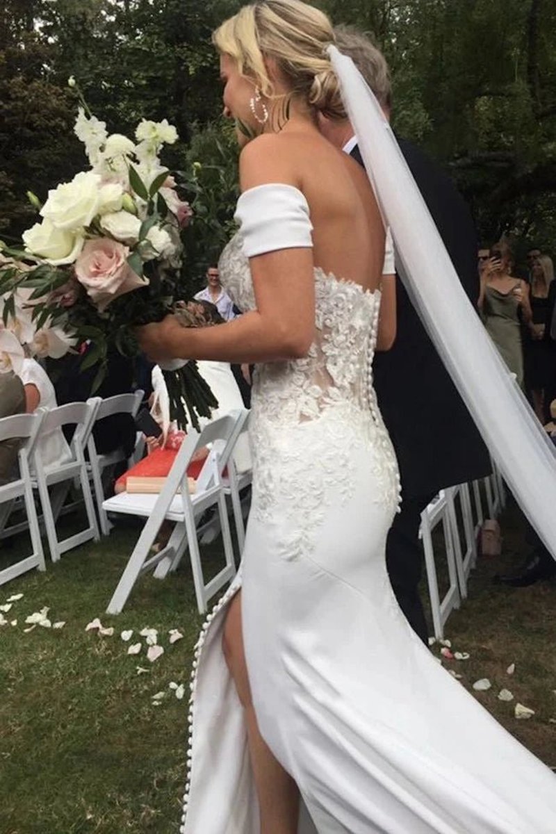 Split Front Off-the-shoulder Sweetheart Satin Wedding Dresses with Lace