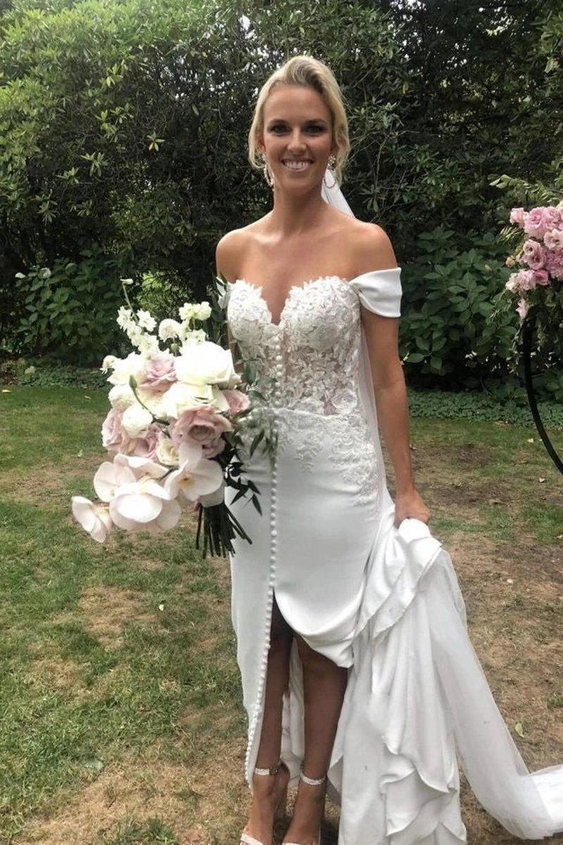 Split Front Off-the-shoulder Sweetheart Satin Wedding Dresses with Lace