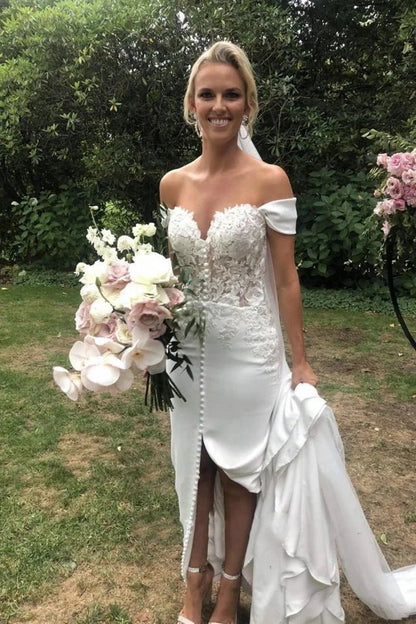 Split Front Off-the-shoulder Sweetheart Satin Wedding Dresses with Lace