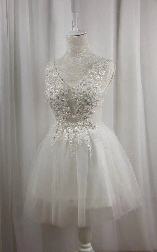 Short V-Neck Tulle Satin A-line Wedding Dresses
